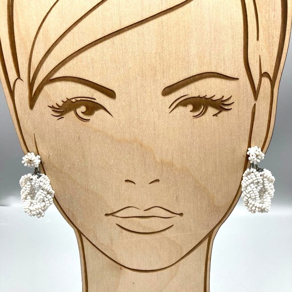 Vintage Braided Seed Bead Earrings, Elegant Milk Glass Hoop Dangles - Picture 1 of 6